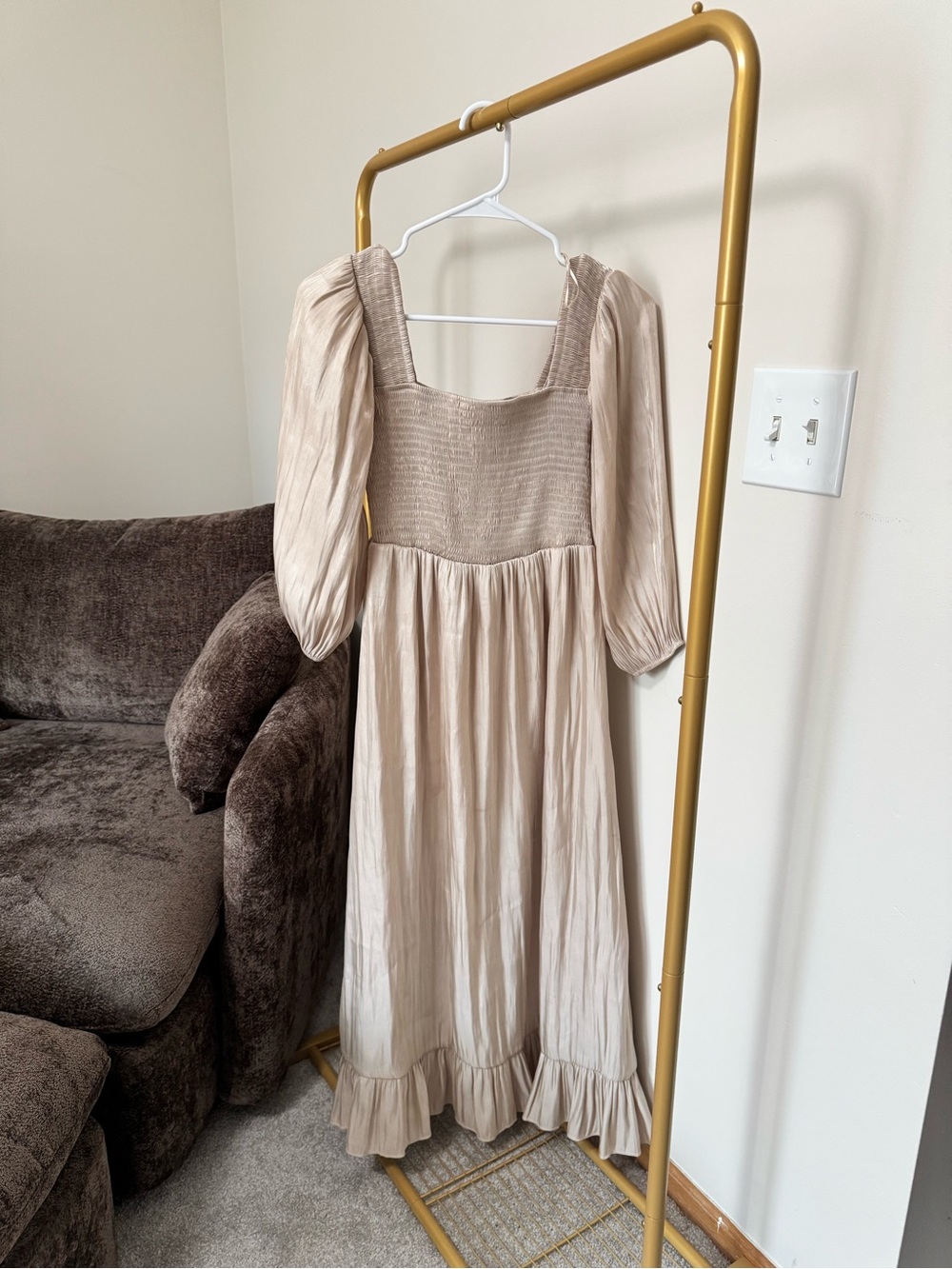 Puff Sleeve Smocked Midi Dress in Light Beige